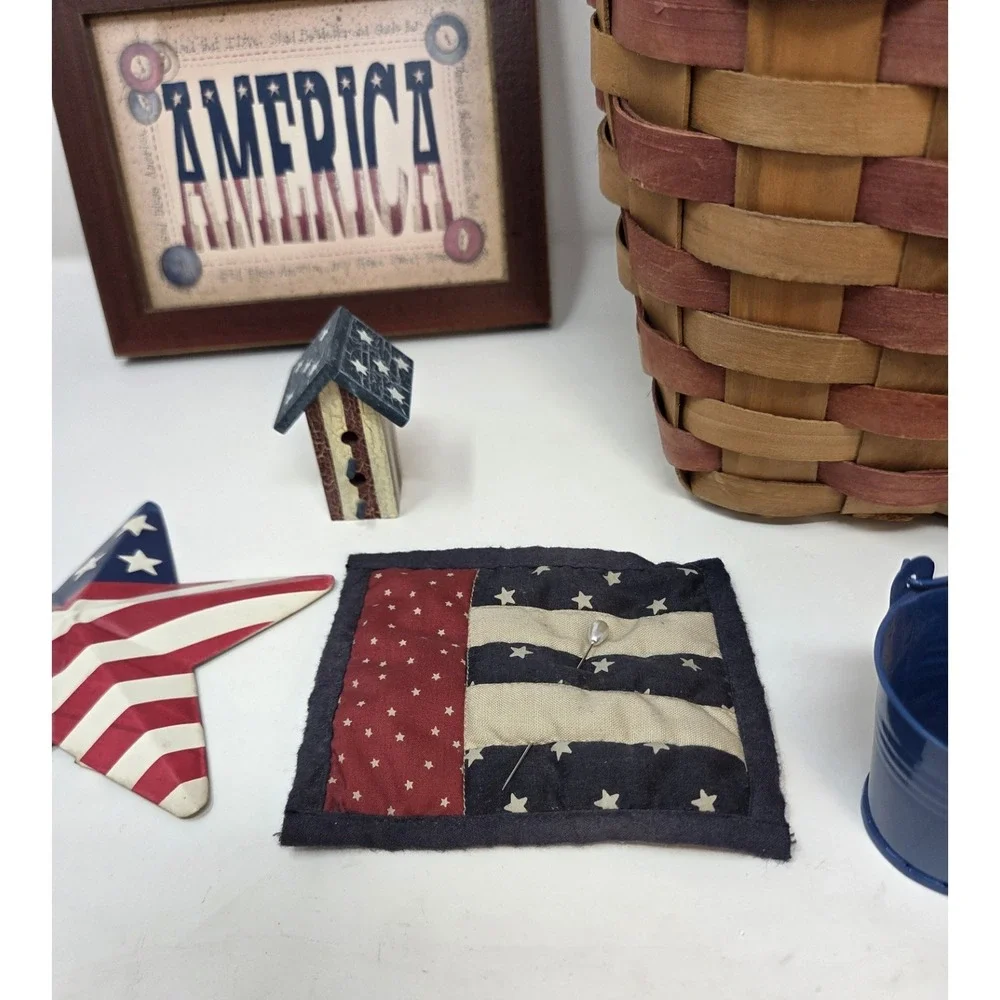 Primitive Americana Patriotic Decor Lot 7pc Basket Sign Birdhouse Star Pails